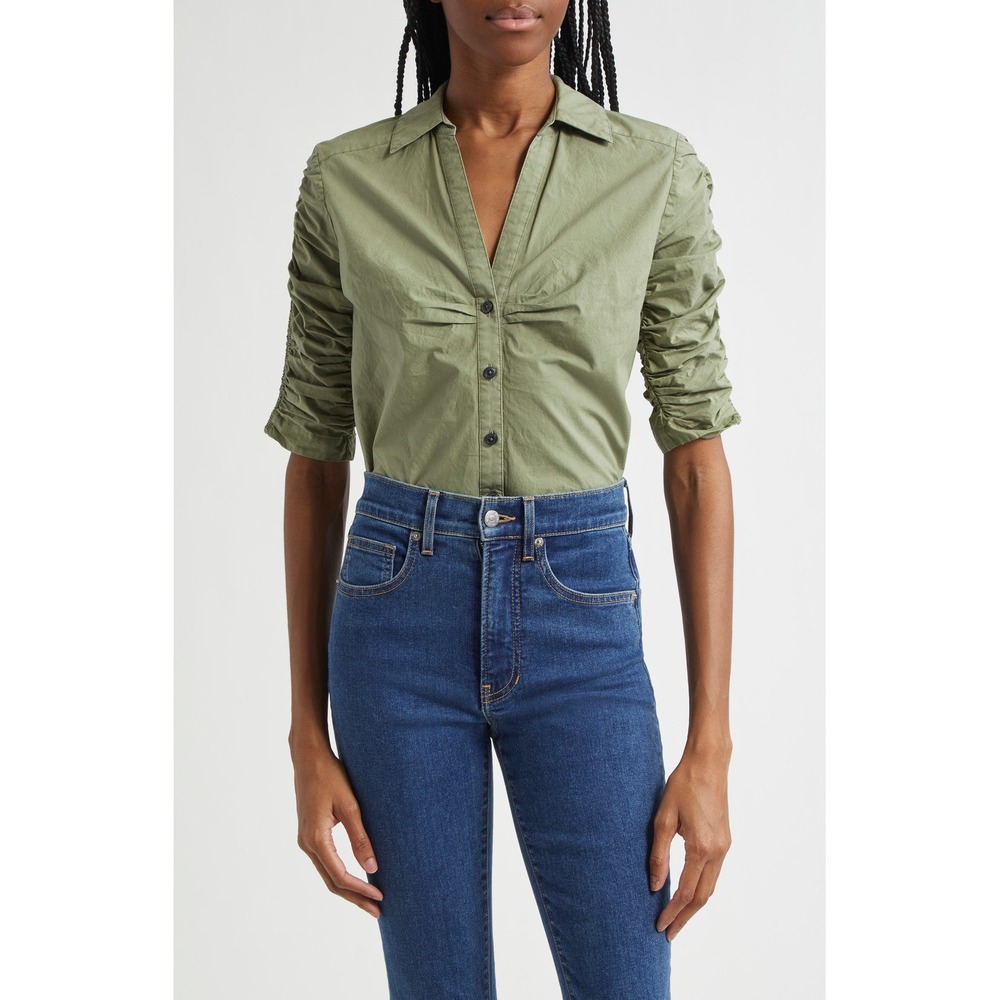 Veronica Beard Porta Olive Green Smocked Sleeve Ruched Button Up Top Size 2